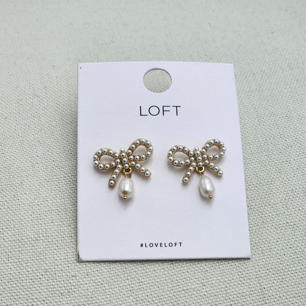 Loft Pearl Bow Dangle Stud Earrings NEW